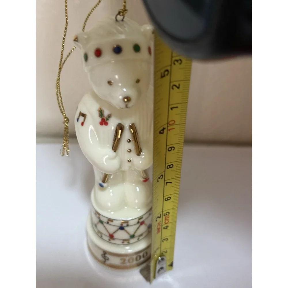 Vintage 2000 Musical Teddy Bear Ornament Plays Jingle Bells White Gold Drum Box